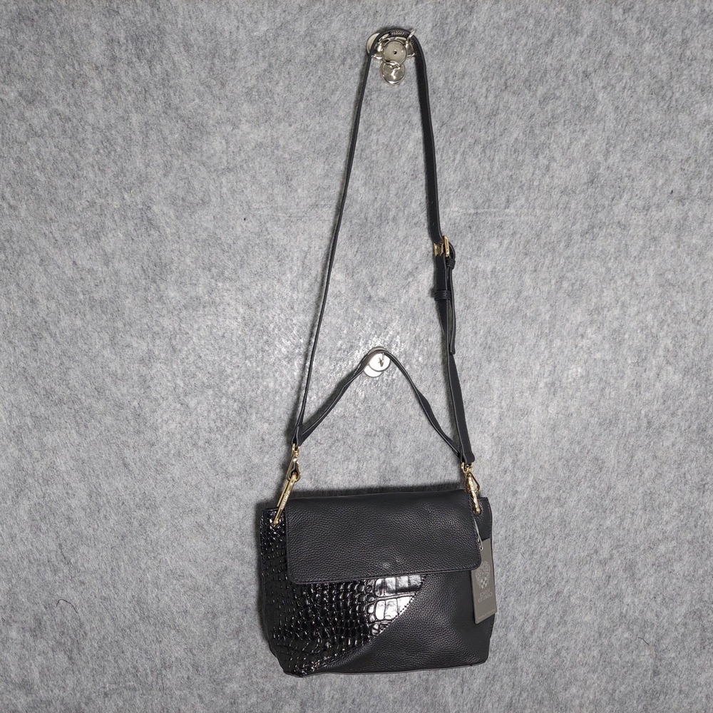Vince‎ Camuto Crossbody Bag Black Pebbled Leather Croc Embossed Chain Handbag
